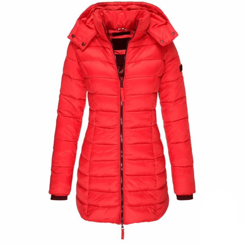 Superwarme Damen-Daunenjacke mit Kapuze und Reißverschluss in Rot, isolierend und stilvoll für Herbst- und Wintertage.