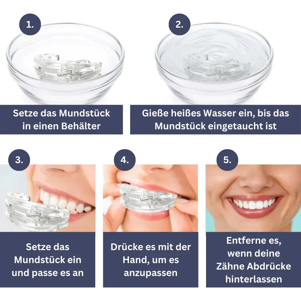 "Transparenter Schnarchschutzeinsatz, ergonomisch geformt für hohen Tragekomfort; verhindert nächtliches Zähneknirschen."