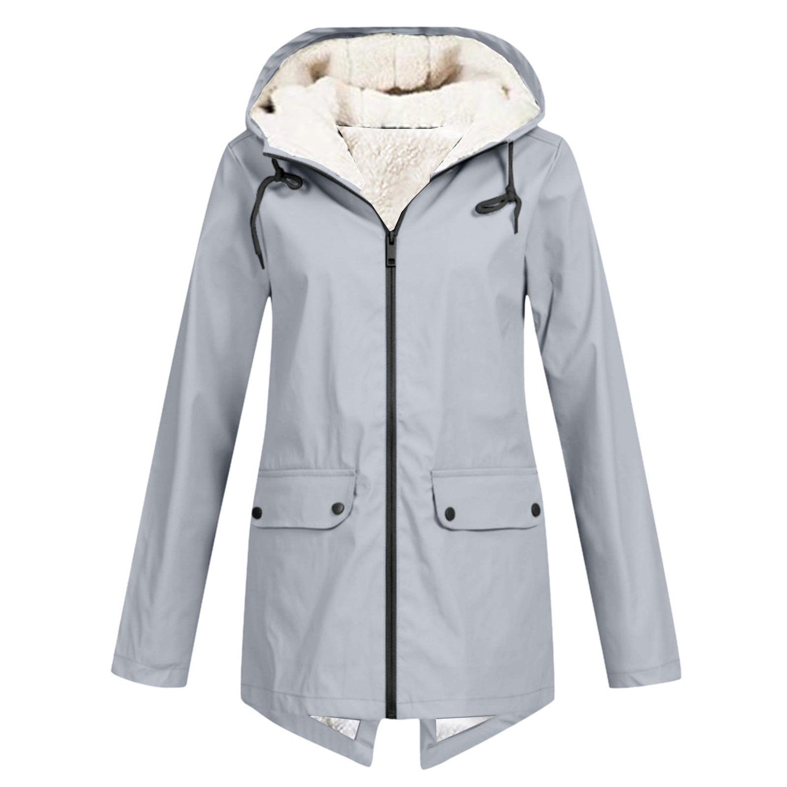 Wasserdichte Damen Regenjacke mit Fleece-Futter, verstellbarer Kapuze und Taschen in elegantem Blau für Outdoor-Abenteuer.