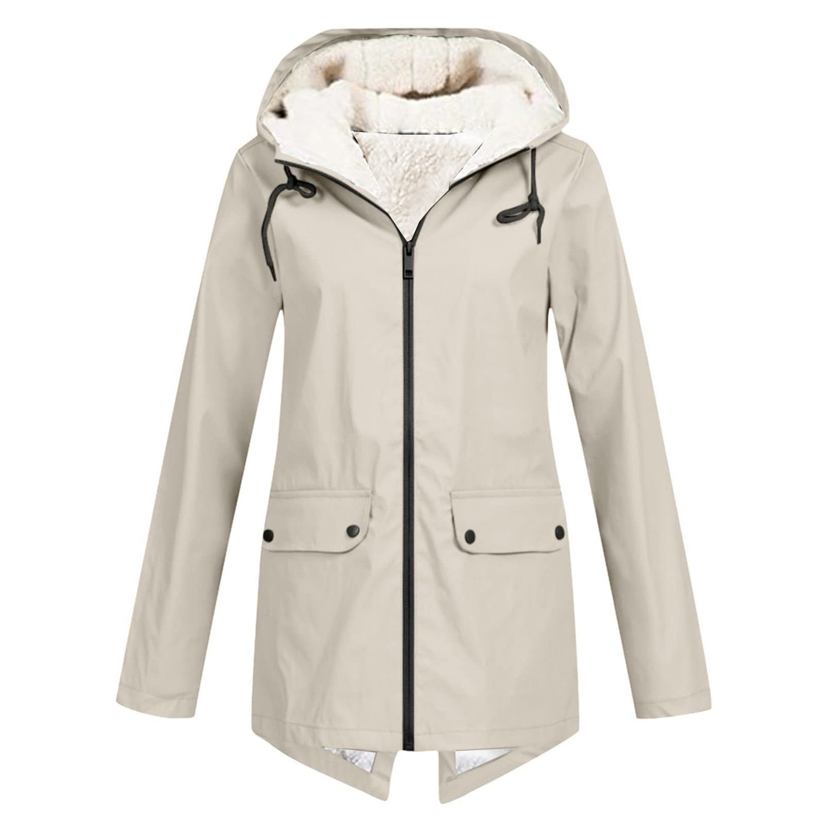 Wasserdichte Damen Regenjacke mit Fleece-Futter, verstellbarer Kapuze und Taschen in elegantem Blau für Outdoor-Abenteuer.