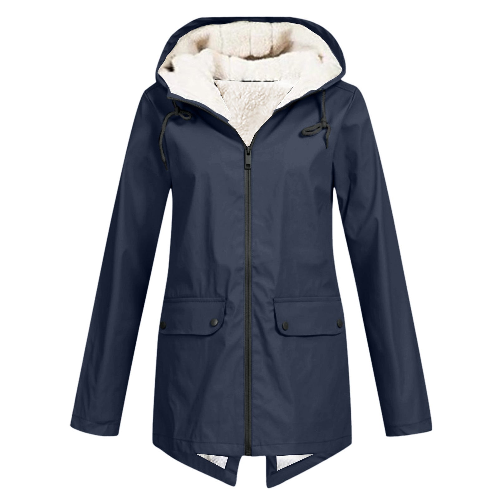 Wasserdichte Damen Regenjacke mit Fleece-Futter, verstellbarer Kapuze und Taschen in elegantem Blau für Outdoor-Abenteuer.