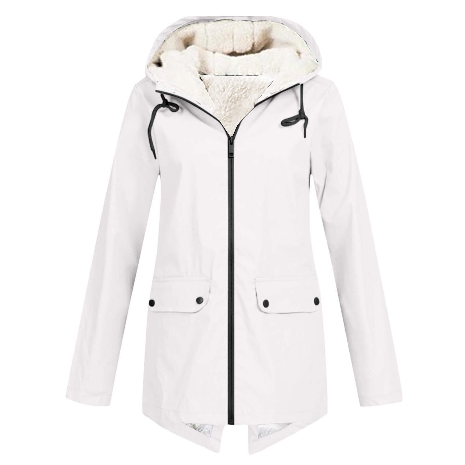 Wasserdichte Damen Regenjacke mit Fleece-Futter, verstellbarer Kapuze und Taschen in elegantem Blau für Outdoor-Abenteuer.