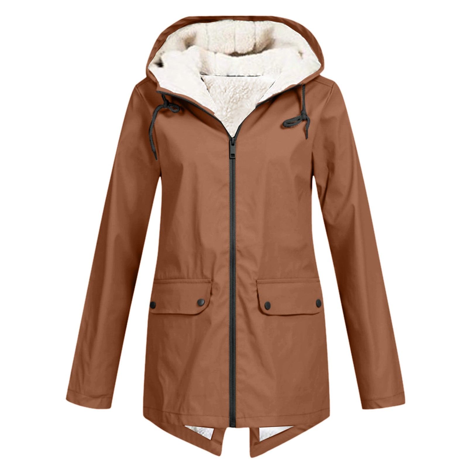 Wasserdichte Damen Regenjacke mit Fleece-Futter, verstellbarer Kapuze und Taschen in elegantem Blau für Outdoor-Abenteuer.
