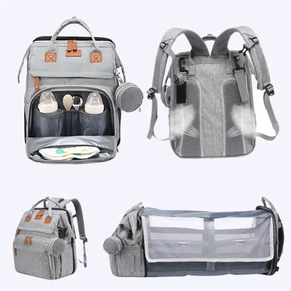 "Wickeltasche mit integriertem Wickelstation, geräumig, grau-blau, isolierte Fächer, verstellbare Riemen, ideal unterwegs"