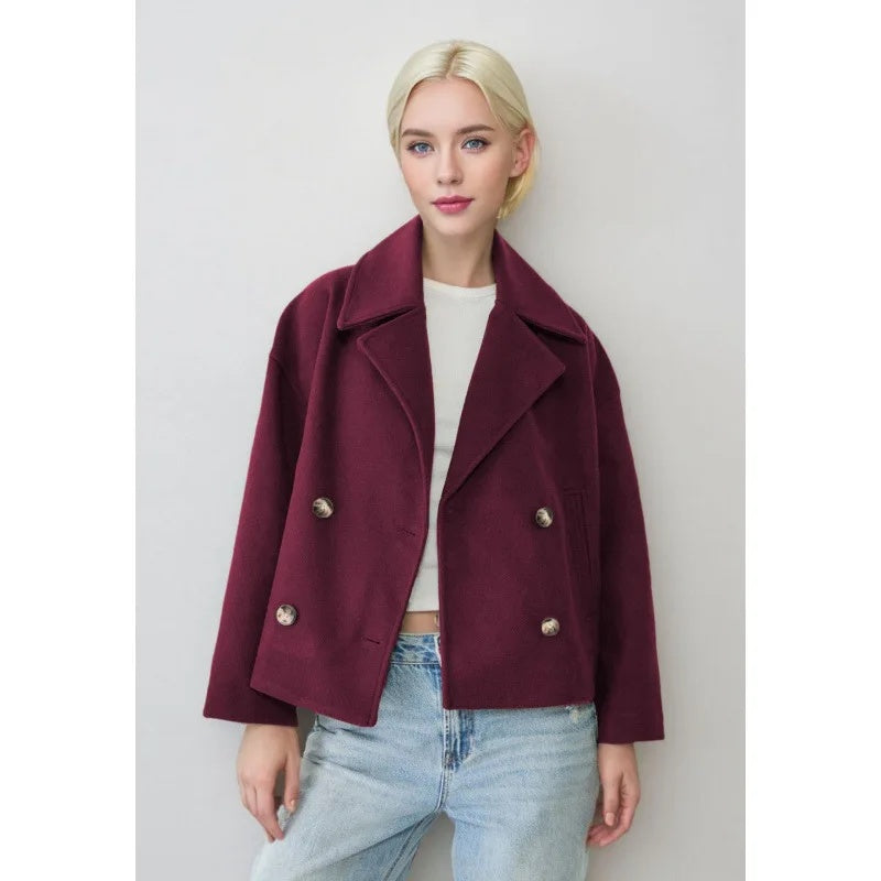 Zweireihige Damen Kurzjacke, elegant und modern, mit Umlegekragen und Langarm, ideal für Alltag und Freizeit.
