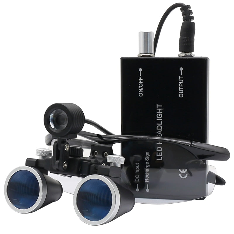 "Dental Lupen-Set mit 2.5x/3.5x Vergrößerung, LED-Stirnlampe, Blau-Schwarz-Silber, ideal für präzise zahnmedizinische Arbeit.