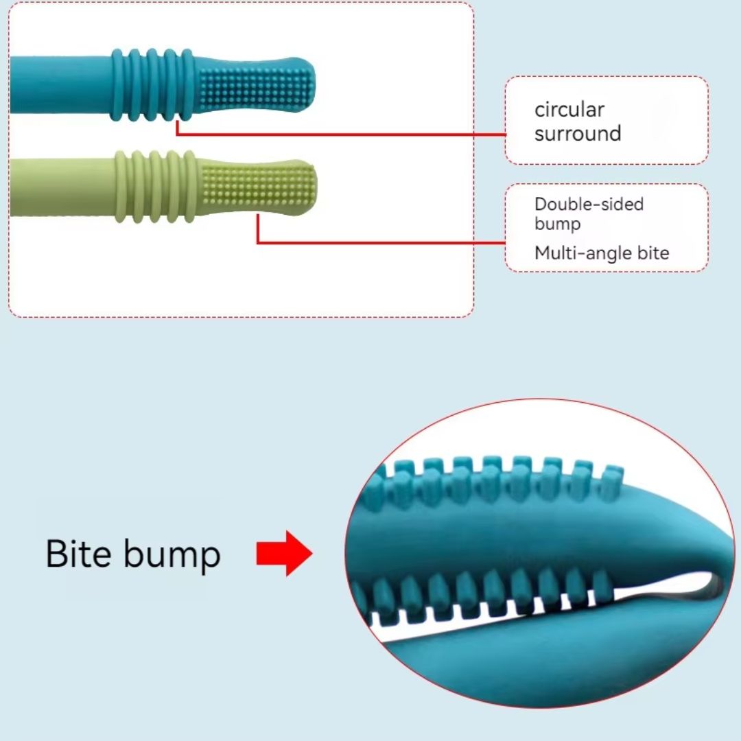 "Sanftes, BPA-freies Silikon Beißröhrchen für Babys, ergonomisch geformt zur Zahnfleischmassage und einfacher Handhabung."